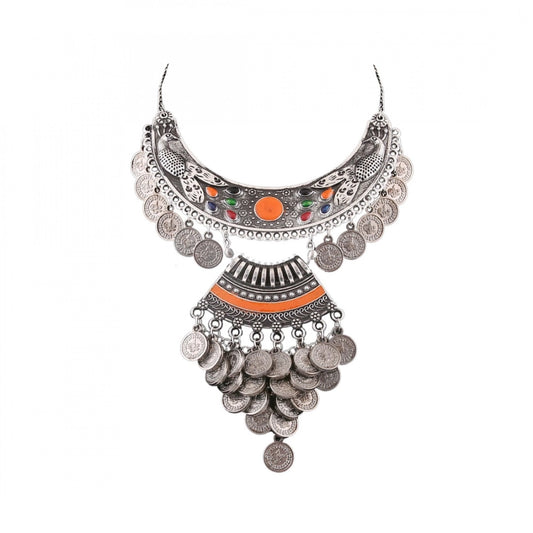 indoraa Designer Oxidised German Silver Tribal Necklace Pandeant Antique Necklace (Color: Silver)