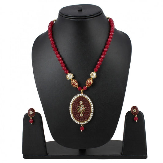 indoraa Women's Stylish Maroon Golde Plated Traditional Kundan Necklace Set with Earrings (Color: Red)
