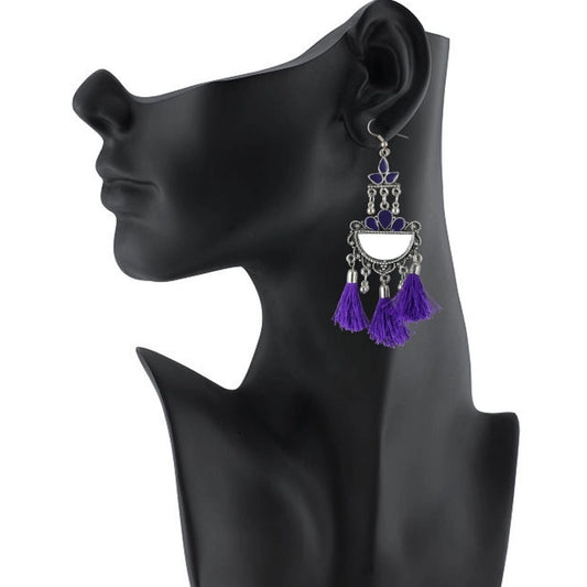 indoraa Women's Silver Plated Afgani Tassel Earring (Color: Purple)