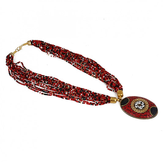indoraa Women's Multicolor Tibetan Style Beads Necklace (Color: Red)