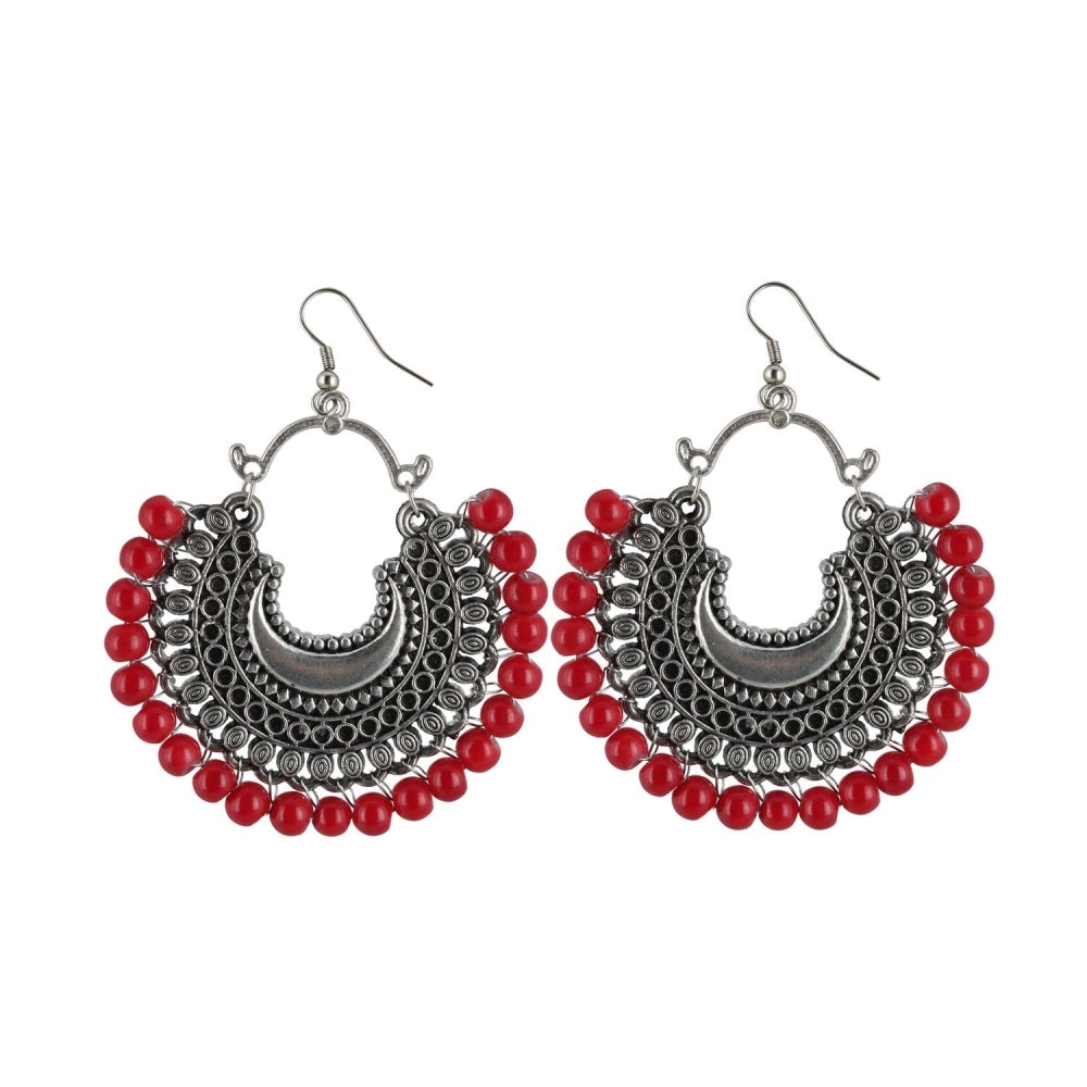 indoraa Women's Silver Plated Hook Dangler Hanging Beads Earring (Color: Red)