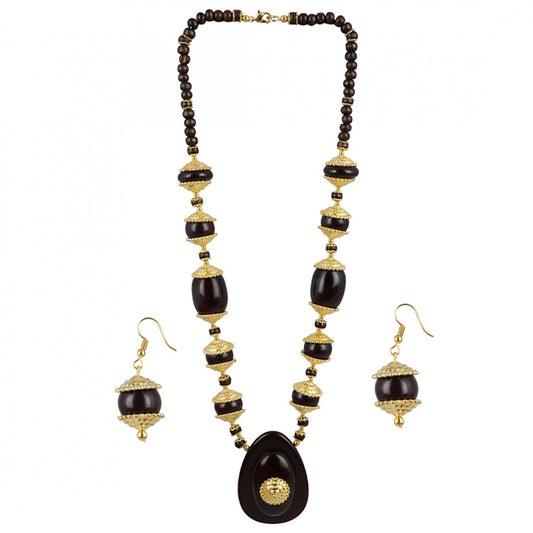 indoraa Women's Designer Dark Brown and Golden Beads South Style Necklace (Color: Black)