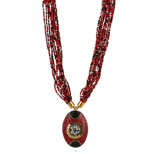 indoraa Women's Multicolor Tibetan Style Beads Necklace (Color: Red)