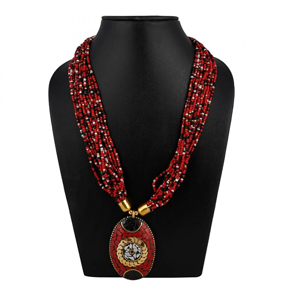 indoraa Women's Multicolor Tibetan Style Beads Necklace (Color: Red)