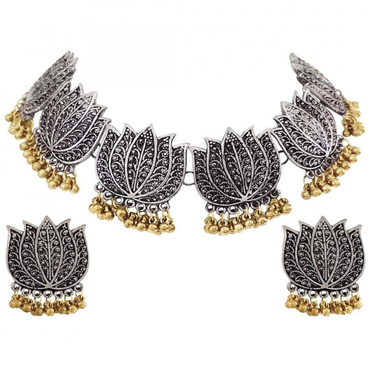 indoraa Antique Silver Oxidised Plated Tribal Afghani Necklace With Earrings Set For Women