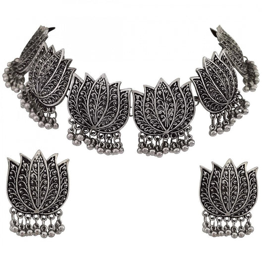indoraa Antique Silver Oxidised Tribal Afghani Necklace With Earrings Set For Women