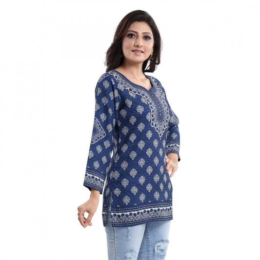 Indoraa Women's Quarter Sleeve Faux Crepe Printed Short Kurti Tunic Top (Color:Blue)