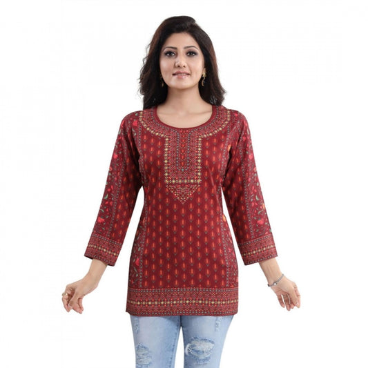 Indoraa Women's Quarter Sleeve Faux Crepe Printed Short Kurti Tunic Top (Color:Red)