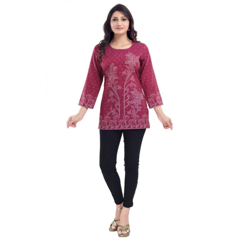Indoraa Women's Quarter Sleeve Faux Crepe Printed Short Kurti Tunic Top (Color:Magenta)