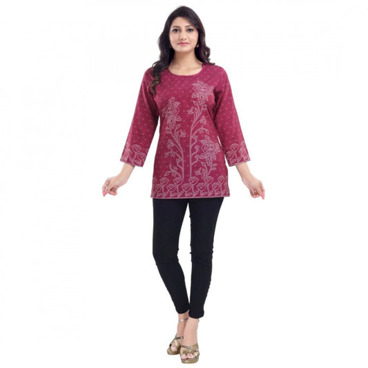 Indoraa Women's Quarter Sleeve Faux Crepe Printed Short Kurti Tunic Top (Color:Magenta)
