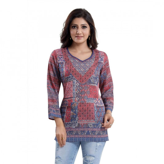 Indoraa Women's Quarter Sleeve Faux Crepe Printed Short Kurti Tunic Top (Color:Multicolor)