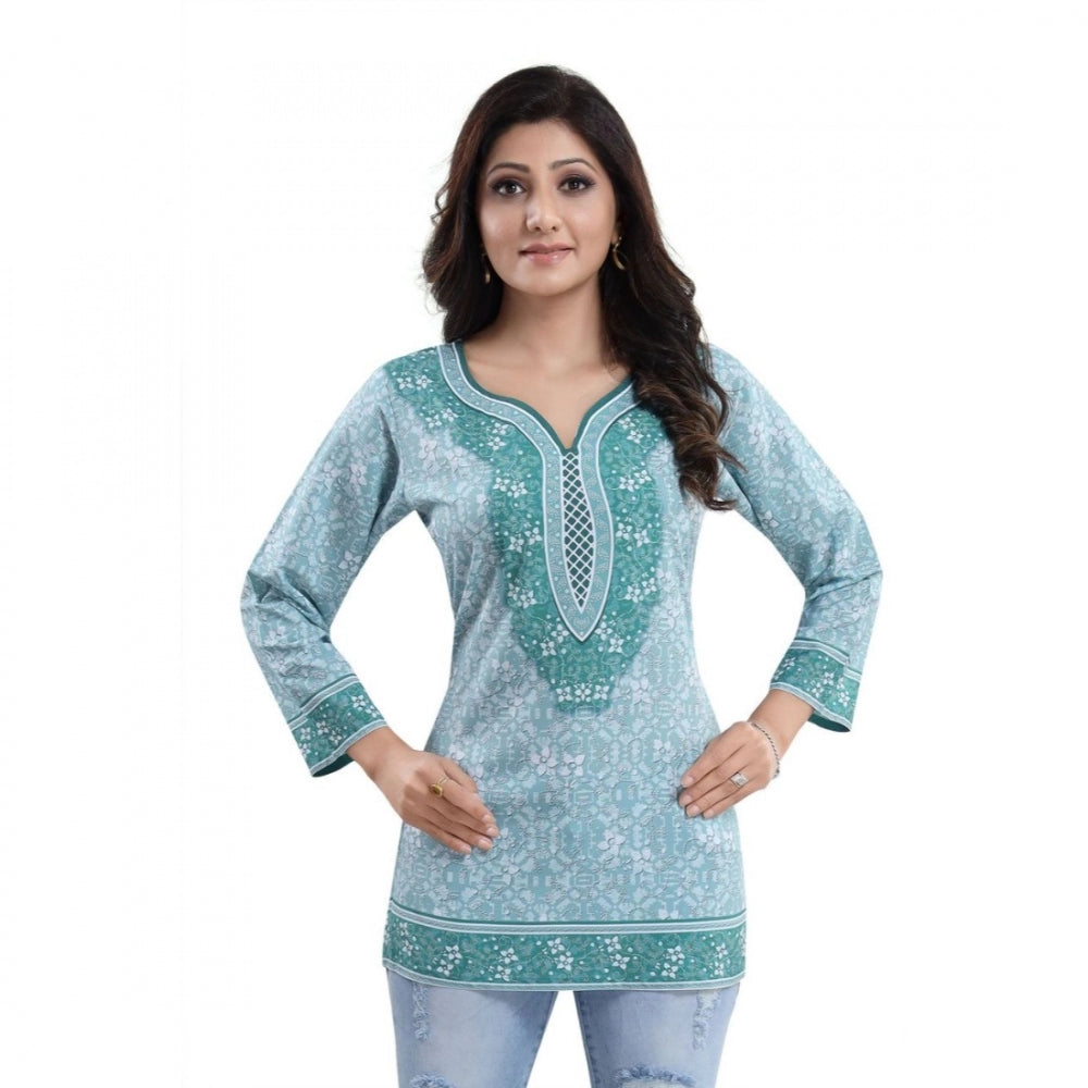 Indoraa Women's Quarter Sleeve Faux Crepe Printed Short Kurti Tunic Top (Color:Blue)