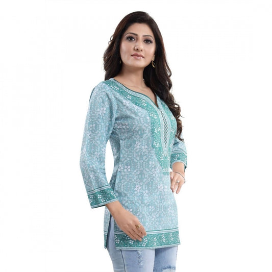 Indoraa Women's Quarter Sleeve Faux Crepe Printed Short Kurti Tunic Top (Color:Blue)