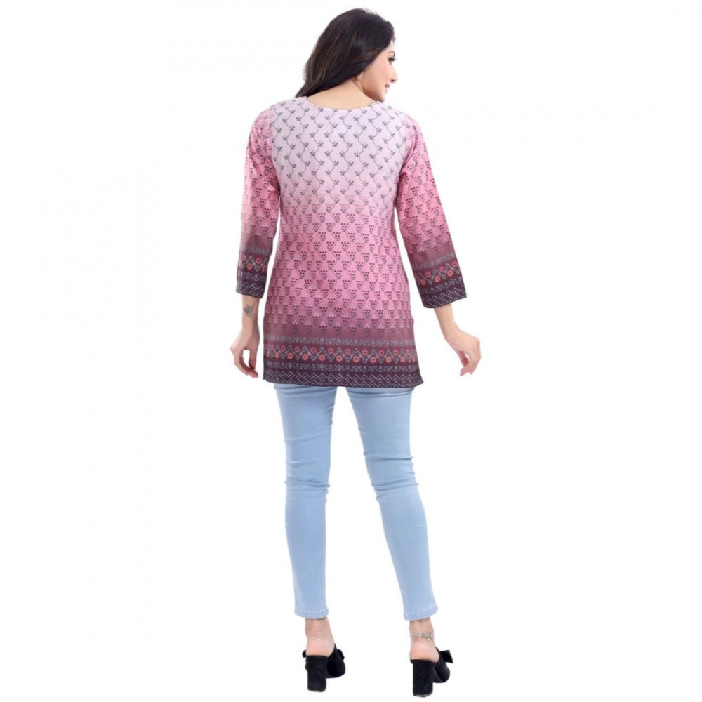 Indoraa Women's Quarter Sleeve Faux Crepe Printed Short Kurti Tunic Top (Color:Pink)