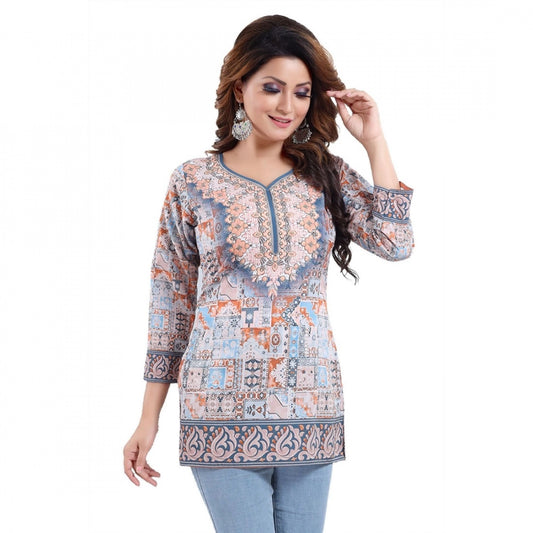 Indoraa Women's Quarter Sleeve Faux Crepe Printed Short Kurti Tunic Top (Color:Blue)