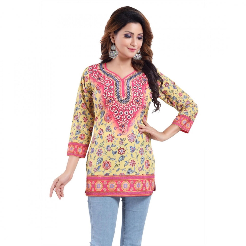 Indoraa Women's Quarter Sleeve Faux Crepe Printed Short Kurti Tunic Top (Color:Yellow)
