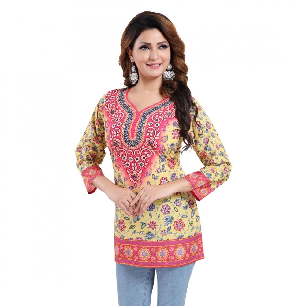 Indoraa Women's Quarter Sleeve Faux Crepe Printed Short Kurti Tunic Top (Color:Yellow)