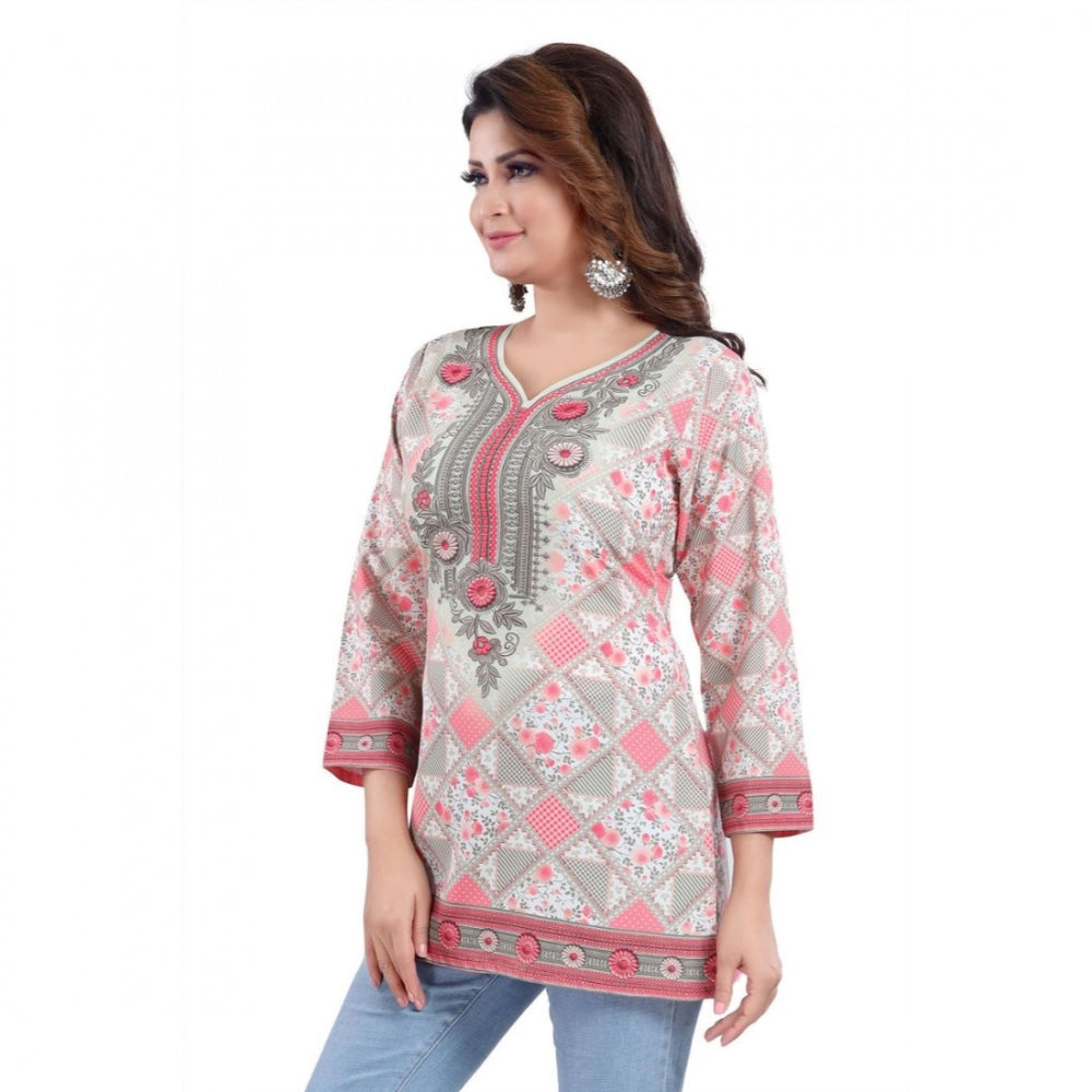 Indoraa Women's Quarter Sleeve Faux Crepe Printed Short Kurti Tunic Top (Color:Pink)
