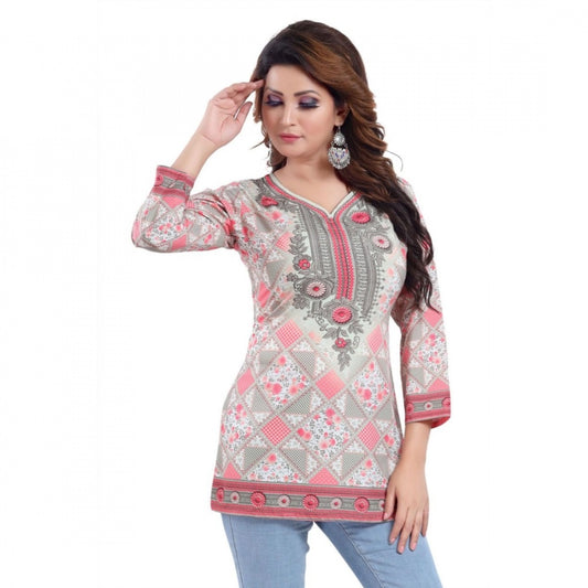 Indoraa Women's Quarter Sleeve Faux Crepe Printed Short Kurti Tunic Top (Color:Pink)