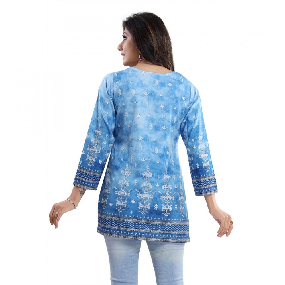 Indoraa Women's Quarter Sleeve Faux Crepe Printed Short Kurti Tunic Top (Color:Sky Blue)