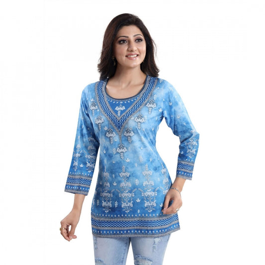 Indoraa Women's Quarter Sleeve Faux Crepe Printed Short Kurti Tunic Top (Color:Sky Blue)