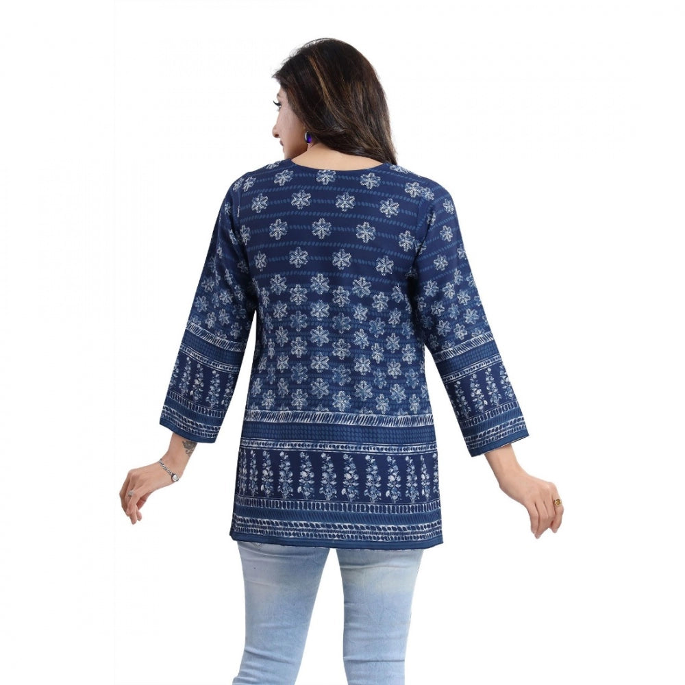 Indoraa Women's Quarter Sleeve Faux Crepe Printed Short Kurti Tunic Top (Color:Blue)