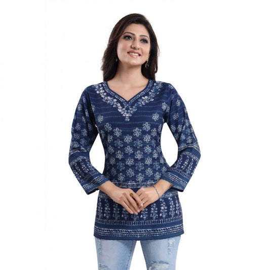 Indoraa Women's Quarter Sleeve Faux Crepe Printed Short Kurti Tunic Top (Color:Blue)