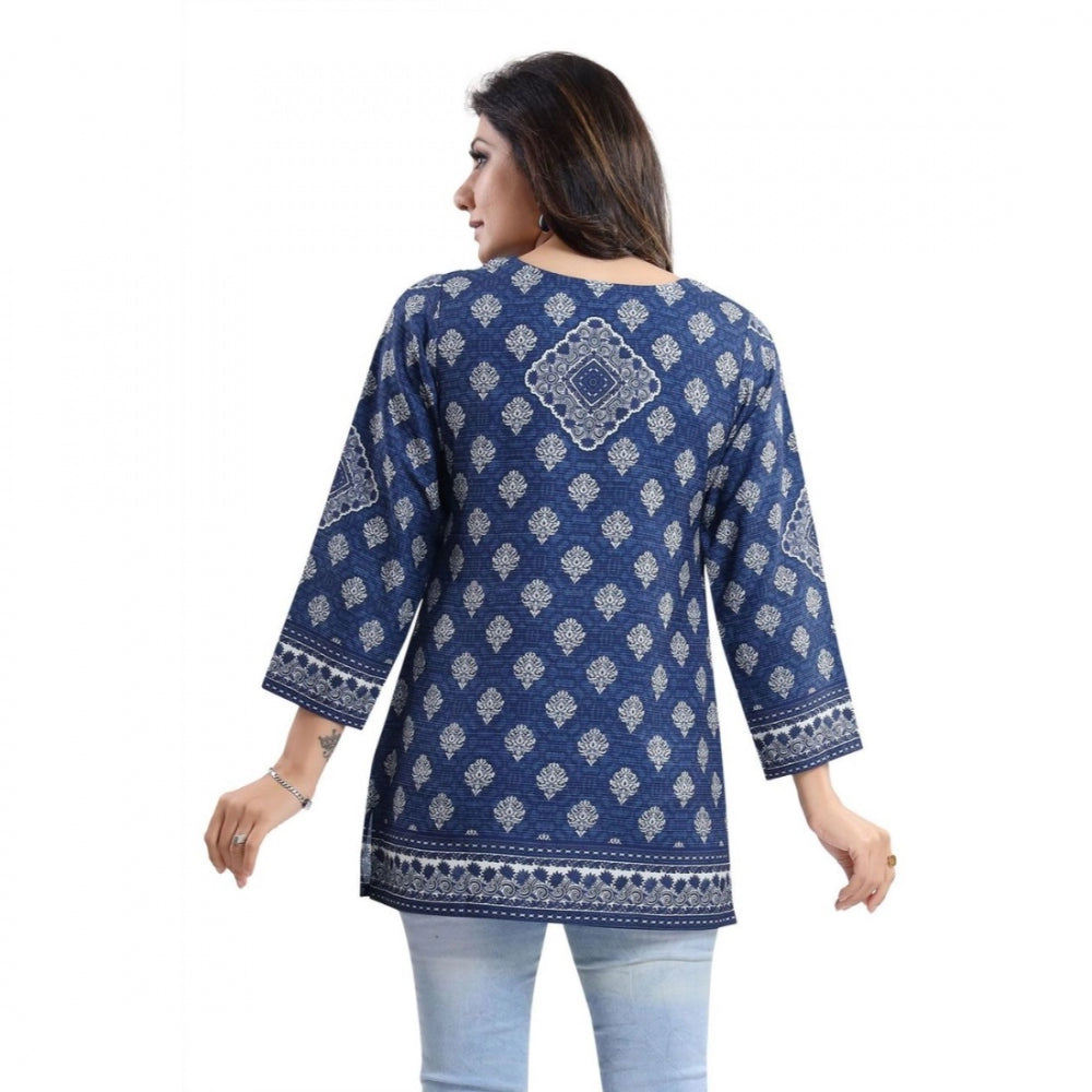 Indoraa Women's Quarter Sleeve Faux Crepe Printed Short Kurti Tunic Top (Color:Blue)