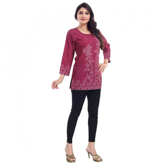 Indoraa Women's Quarter Sleeve Faux Crepe Printed Short Kurti Tunic Top (Color:Magenta)