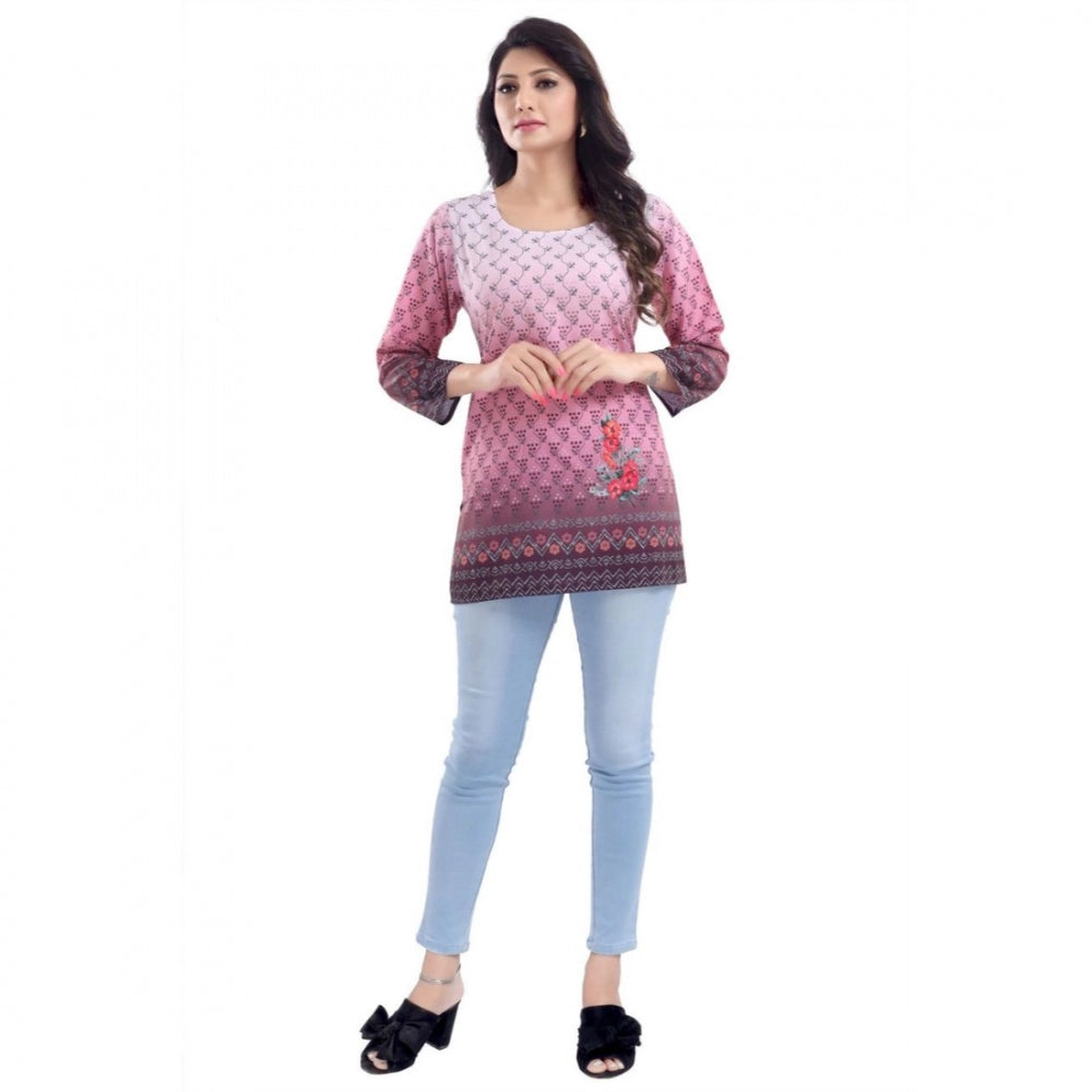 Indoraa Women's Quarter Sleeve Faux Crepe Printed Short Kurti Tunic Top (Color:Pink)