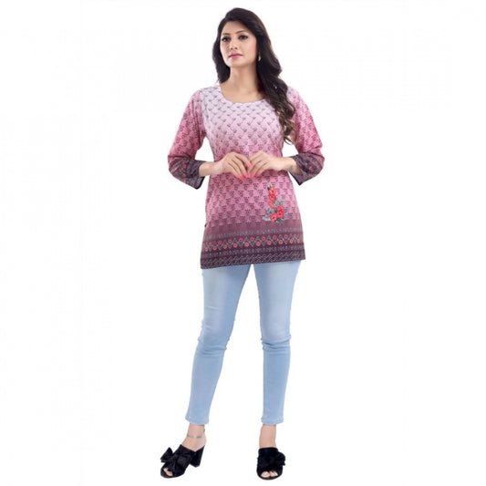 Indoraa Women's Quarter Sleeve Faux Crepe Printed Short Kurti Tunic Top (Color:Pink)