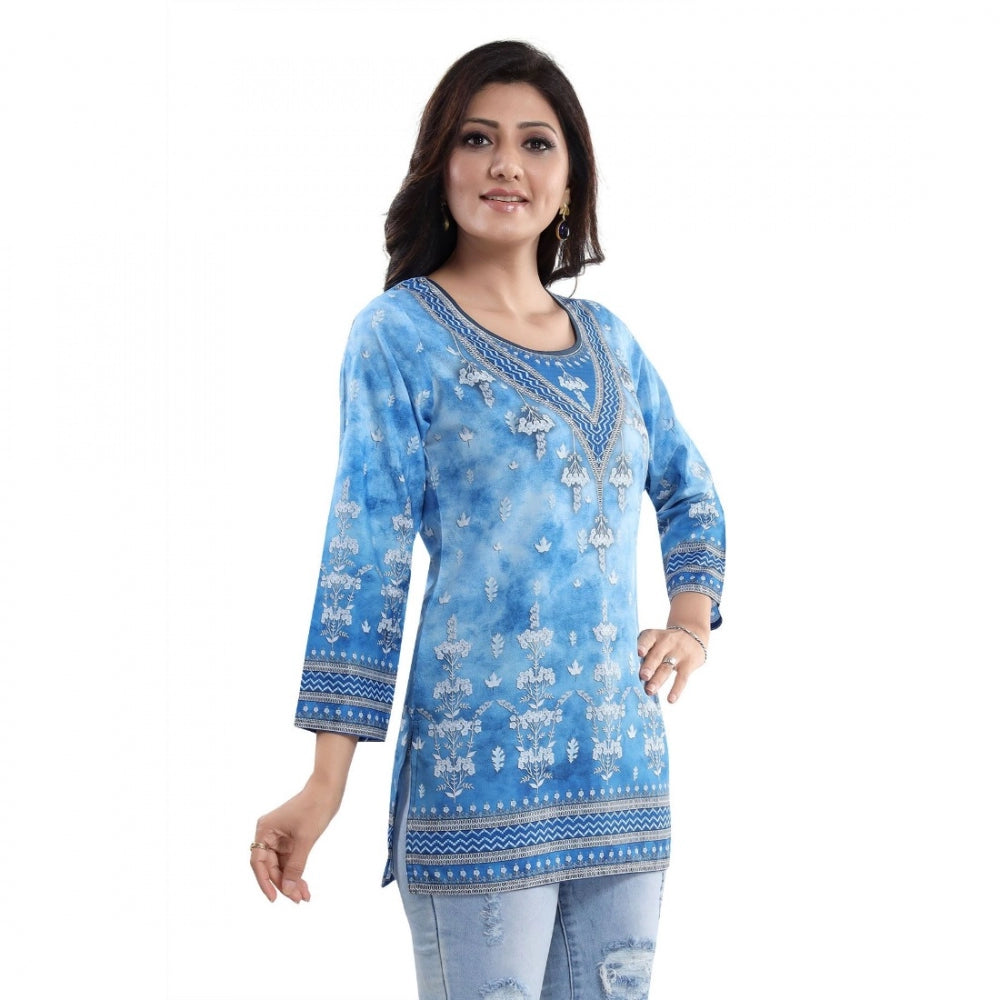 Indoraa Women's Quarter Sleeve Faux Crepe Printed Short Kurti Tunic Top (Color:Sky Blue)