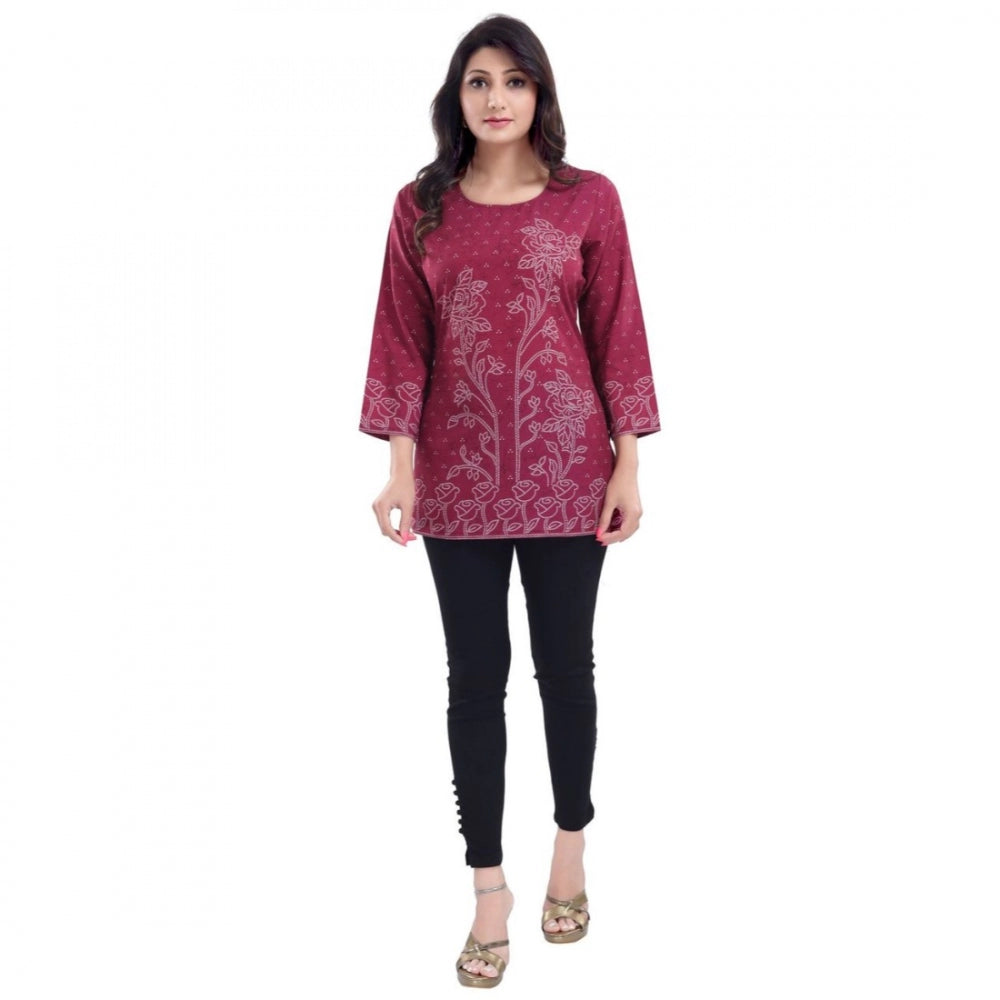 Indoraa Women's Quarter Sleeve Faux Crepe Printed Short Kurti Tunic Top (Color:Magenta)