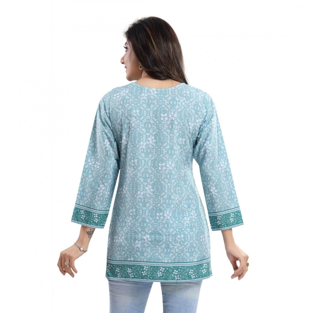 Indoraa Women's Quarter Sleeve Faux Crepe Printed Short Kurti Tunic Top (Color:Blue)