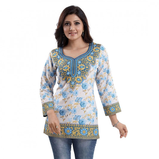 Indoraa Women's Quarter Sleeve Faux Crepe Printed Short Kurti Tunic Top (Color:White)