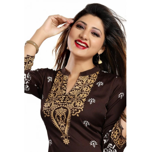 Indoraa Women's Quarter Sleeve Faux Crepe Printed Short Kurti Tunic Top (Color:Brown)
