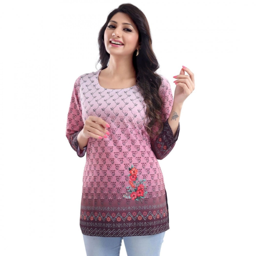 Indoraa Women's Quarter Sleeve Faux Crepe Printed Short Kurti Tunic Top (Color:Pink)