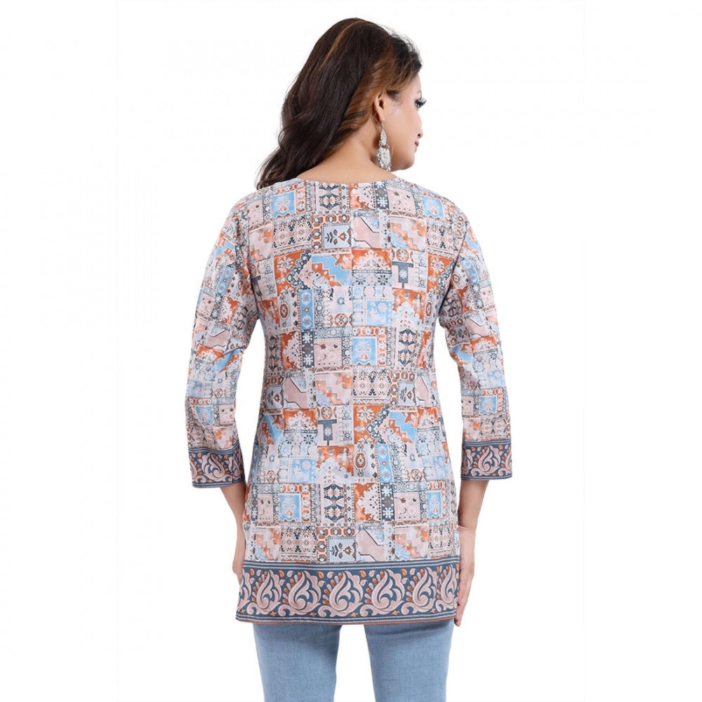 Indoraa Women's Quarter Sleeve Faux Crepe Printed Short Kurti Tunic Top (Color:Blue)