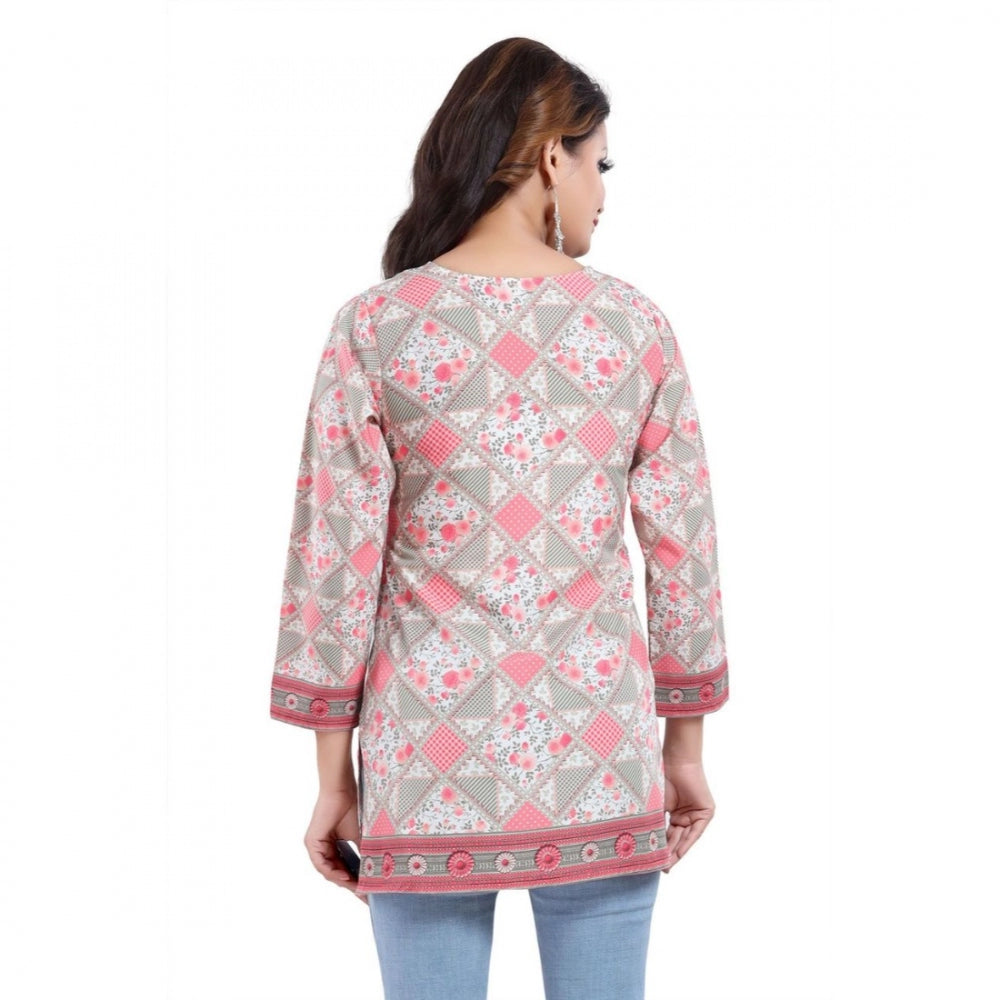 Indoraa Women's Quarter Sleeve Faux Crepe Printed Short Kurti Tunic Top (Color:Pink)