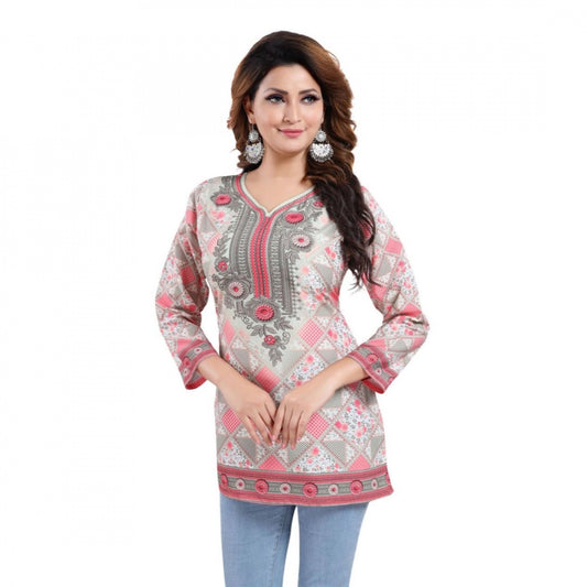 Indoraa Women's Quarter Sleeve Faux Crepe Printed Short Kurti Tunic Top (Color:Pink)