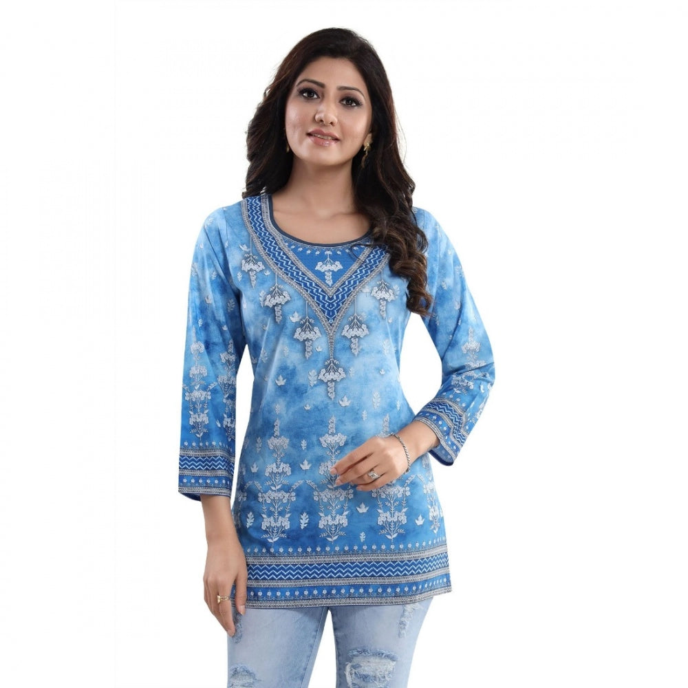 Indoraa Women's Quarter Sleeve Faux Crepe Printed Short Kurti Tunic Top (Color:Sky Blue)