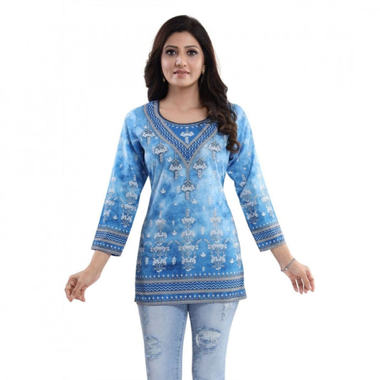 Indoraa Women's Quarter Sleeve Faux Crepe Printed Short Kurti Tunic Top (Color:Sky Blue)