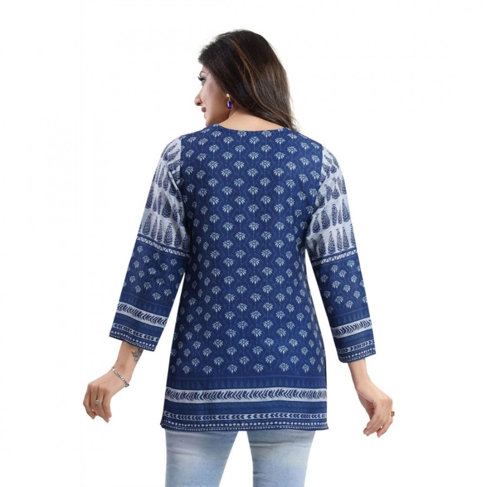 Indoraa Women's Quarter Sleeve Faux Crepe Printed Short Kurti Tunic Top (Color:Blue)