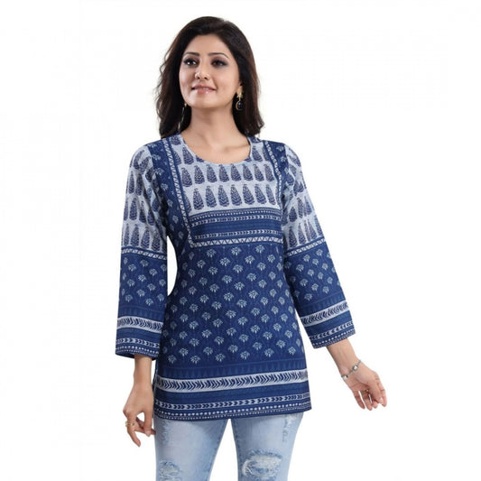 Indoraa Women's Quarter Sleeve Faux Crepe Printed Short Kurti Tunic Top (Color:Blue)