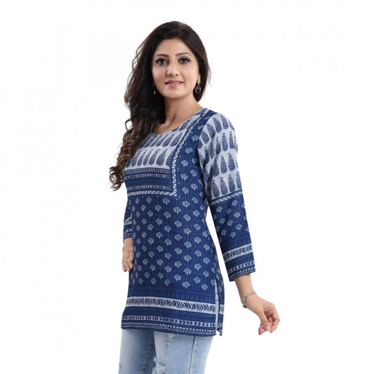 Indoraa Women's Quarter Sleeve Faux Crepe Printed Short Kurti Tunic Top (Color:Blue)