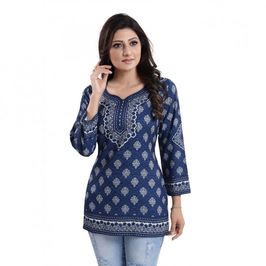 Indoraa Women's Quarter Sleeve Faux Crepe Printed Short Kurti Tunic Top (Color:Blue)