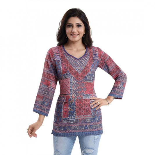 Indoraa Women's Quarter Sleeve Faux Crepe Printed Short Kurti Tunic Top (Color:Multicolor)