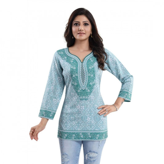 Indoraa Women's Quarter Sleeve Faux Crepe Printed Short Kurti Tunic Top (Color:Blue)