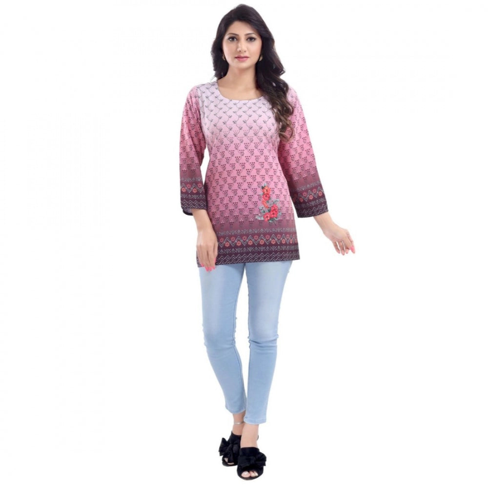 Indoraa Women's Quarter Sleeve Faux Crepe Printed Short Kurti Tunic Top (Color:Pink)