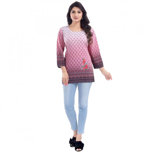 Indoraa Women's Quarter Sleeve Faux Crepe Printed Short Kurti Tunic Top (Color:Pink)